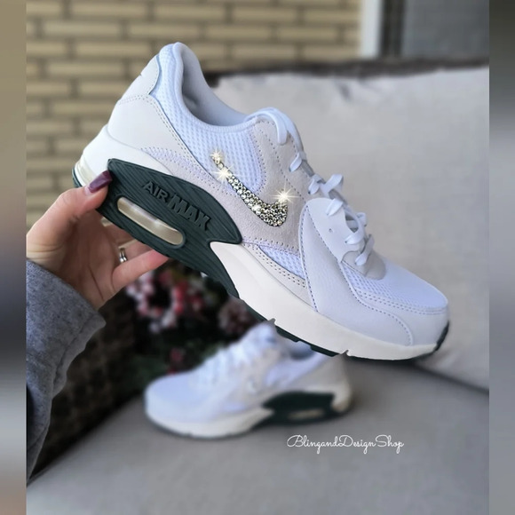 Bling Nike Air Max Excee Womens White Green Sneakers Shoes Customized - Picture 1 of 8